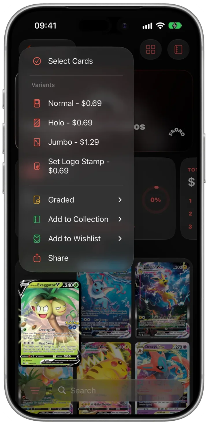 Eyevo set card options for choosing a Pokémon card printing