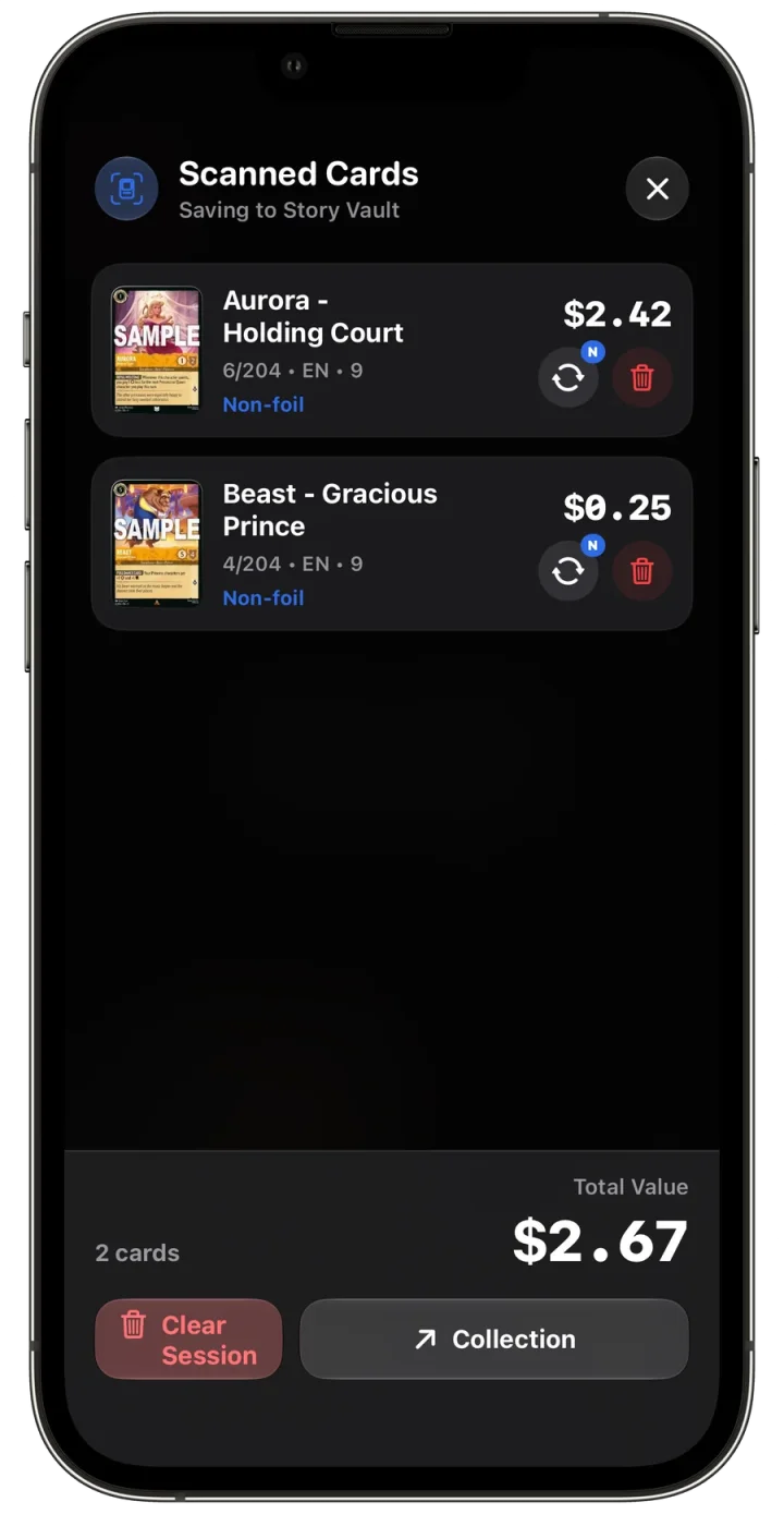 LanaKit scan session review with identified Disney Lorcana cards