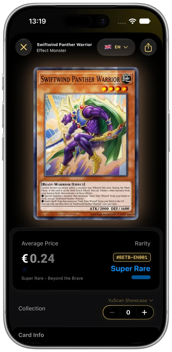 YuScan card details showing a selected Yu-Gi-Oh! printing and available prices